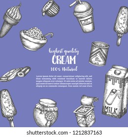 Dairy Background hand drawn vector illustration with sweet dairy elements, Vintage retro style