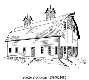 Dairy Barn Agricultural Building Barn Refers To Structures That House Livestock Cattle And Horses Equipment And Fodder Vintage Line Drawing Or Engraving Illustration.