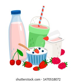 Dairy and berries. Milk, yogurt, cream, fresh berries vector illustration. Fruit and milk, yogurt and dair cream