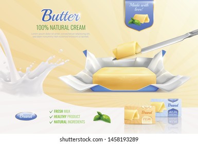 Dairy butter realistic composition as mockup for advertising brand with text fresh milk healthy product natural ingredients vector illustration