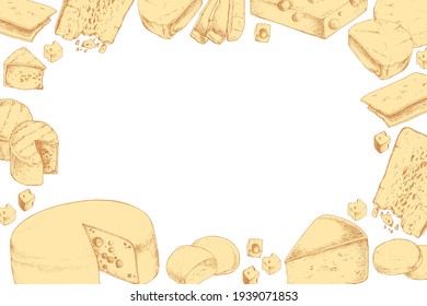 Dairy Cheese products with space for text. For banner, poster, packaging design. Hand drawn vector illustration.