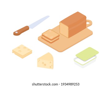 Dairy, cheeses, milk products, bread - groceries set. Isometric vector illustration in flat design.