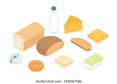 Dairy, cheeses, milk products, bread - groceries set. Isometric vector illustration in flat design.