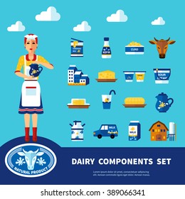 Dairy components set with icons of different natural products of milk and farm objects isolated vector illustration
