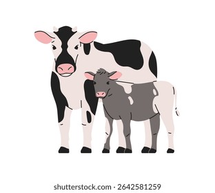 Vaca leiteira e vitelo. Mãe e filhote de filhote de filhote de filhote de pé juntos. Família de bovinos, animais domésticos naturais da exploração com padrão manchado. Ilustração de vetor plano isolada no plano de fundo branco