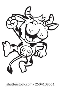 Dairy Cow cartoon characters jumping and say hurray. Best for outline, logo, coloring book, and mascot for dairy milk product and healthy food themes