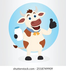 Dairy cow character showing off premium quality dairy products 