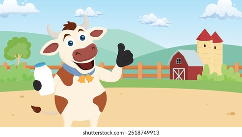 Dairy cow character showing off premium quality dairy products from natural farms illustration design