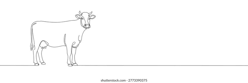 Dairy Cow Front View One Line Illustration Left Aligned, Minimalist Agricultural Banner