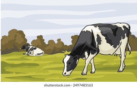 dairy cow with green grass bund background