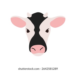 Dairy cow head, face avatar with black mark. Rural cattle, farm animal, countryside livestock portrait. Beef meat icon, organic agriculture. Flat vector illustration isolated on white background
