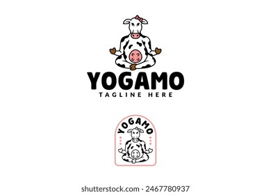 dairy cow with meditation and yoga cartoon logo design for animal, healthy, meditation and yoga