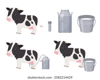 Dairy cow and milking illustration set