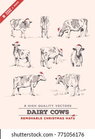 Dairy Cow PACK - 8 cow engravings with removable xmas hats