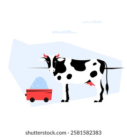 Dairy Cow With Red Feed Cart In Flat Vector Illustration Symbolizing Agriculture, Livestock Farming, And Dairy Production, Isolated On White Background.