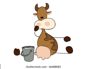 Dairy cow sitting with milk bucket.