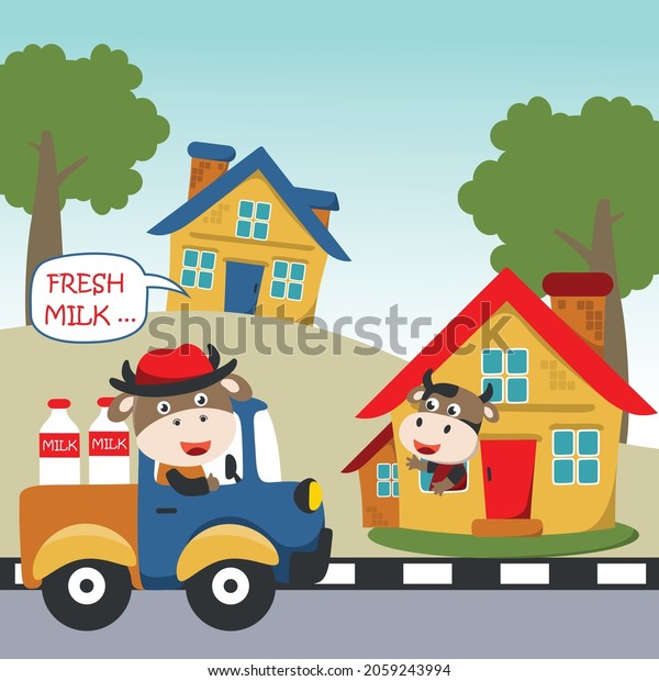 Dairy cow in the truck,
vector illustration Can be used for t-shirt print, kids wear
fashion design, invitation card. fabric, textile, nursery wallpaper
and poster.