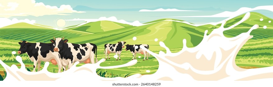 Dairy cows graze in green pastures with milk splashing in the foreground.