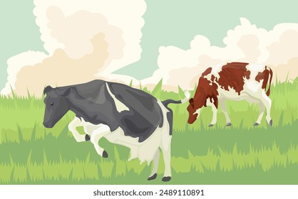 Dairy cows are grazing in a green pasture