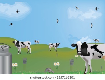 Dairy cows grazing on a green meadow with flowers, a milk can, and birds flying in the sky, representing a peaceful farm scene