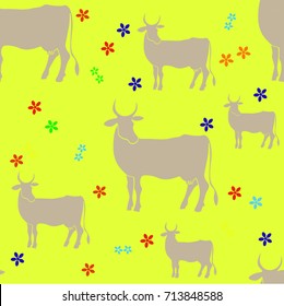  dairy cows on  bright yellow background with colored flowers background.  Grazing cows in a meadow. Freehand drawing vector illustration.Seamless pattern.
