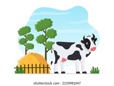 Dairy Cows Pictures with a View of a Meadow or a Farm in the Countryside to Eat Grass in an Illustration Flat Style