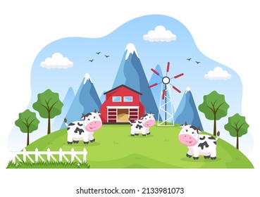 Dairy Cows Pictures with a View of a Meadow or a Farm in the Countryside to Eat Grass in an Illustration Flat Style