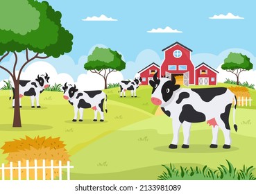 Dairy Cows Pictures with a View of a Meadow or a Farm in the Countryside to Eat Grass in an Illustration Flat Style