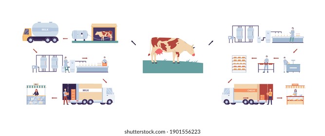 Dairy And Creamery Processing Infographic Set, Flat Vector Illustration Isolated On White Background. Manufacturing Milk Products And Cheese Collection.