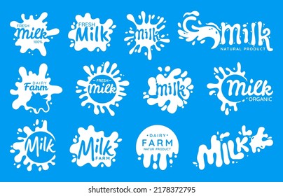 Dairy drop logo. Cartoon falling milk drop splash emblem for yoghurt and milk package, grocery round blob sticker. Vector design elements collection of dairy yogurt liquid, splash product illustration