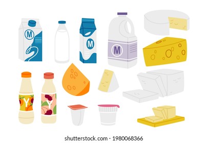 Dairy elements collection. Milky products in packages set. Different grocery goods. 