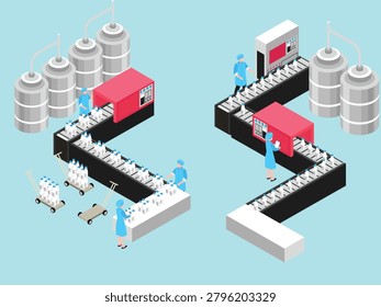 Dairy factory production line with workers bottling and packaging milk on conveyor belts 3d isometric vector illustration