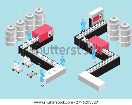 Dairy factory production line with workers bottling and packaging milk on conveyor belts 3d isometric vector illustration