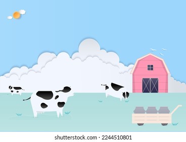Dairy farm concept. Cow on the floor with barn, milk bucket and cloud. Paper art style.