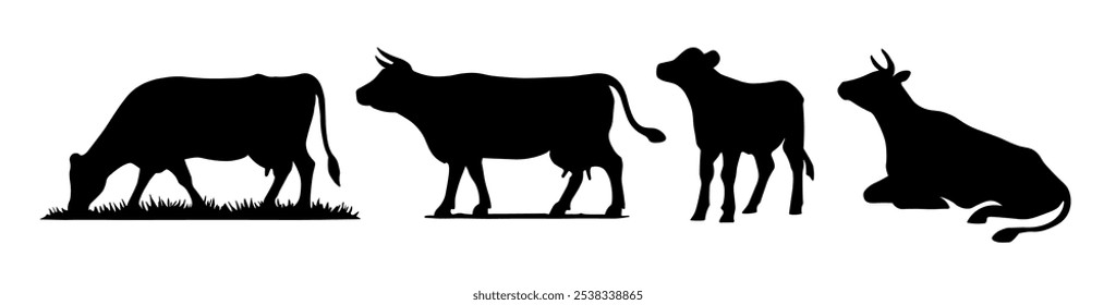 Ícone de silhueta de vetor de vaca de fazenda leiteira. Ilustração isolada do criador de animais de bovinos bovinos bovinos