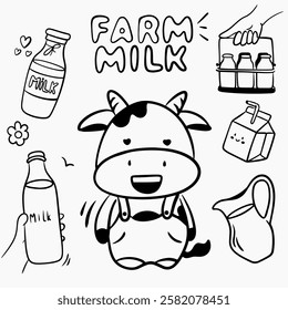 Dairy farm, in doodle style: hand with a box of milk, hand with a bottle of milk, cow, lettering, glass of milk, carafe of milk