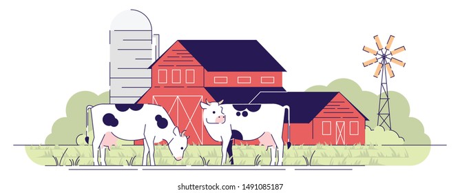 Dairy farm flat vector illustration. Cows grazing on pasture near red barns cartoon design element with outline. Village farmland with barnyard, rural ranch. Livestock farming, animal husbandry