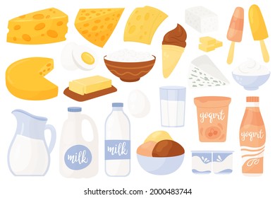 Dairy farm food product set vector illustration. Cartoon collection with glass jar and milk bottle, feta and cottage cheese in bowl, butter and yogurt packages, ice cream cone isolated on white