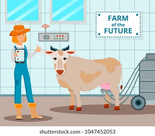 Dairy farm of future design concept with cow and operator of automatic milking flat vector illustration