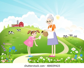 Dairy farm and a herd of cows on a beautiful summer landscape. Girl and grandmother drink milk. Vector illustration.