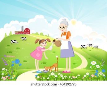 Dairy farm and a herd of cows on a beautiful summer landscape. Girl, grandmother and cat drinking milk. Vector illustration.
