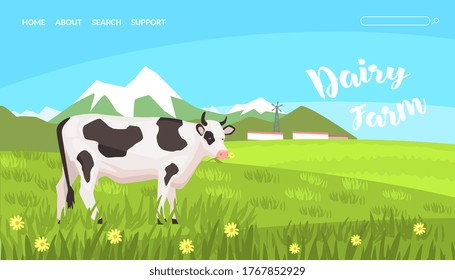 Dairy Farm Landing Page Templte with Summer Rural Landscape and Cow, Fresh Healthy Eco Agricultural Products Website, Homepage, Mobile App Vector Illustration