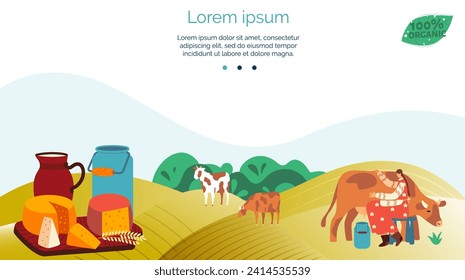 Dairy farm landscape with cows, milk products on picnic blanket. Farmer milking cow, countryside hills. Organic farming and agriculture concept vector illustration.