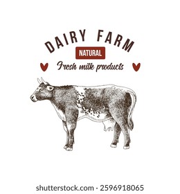 Dairy farm logo template with hand drawn cow