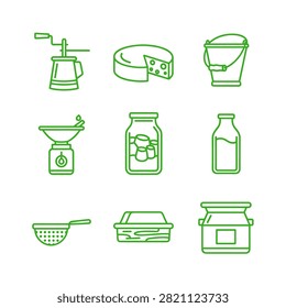 Dairy Farm and Milk Production Bold Green Line Icon Set