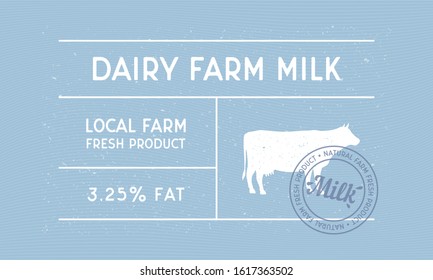 Dairy farm milk vintage label. Minimal design of old label with cow silhouette and stamp. Vintage sticker, label for farm products, logo. 