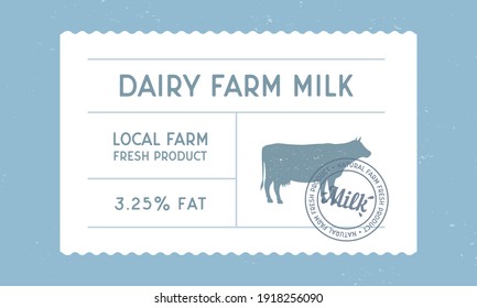 Dairy farm milk vintage label. Milk, dairy products vintage packaging design. Cow milk warranty, label, tag, sticker design for packaging. Hipster vintage old label template. Vector illustration