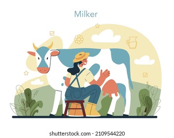 Dairy farm. Milkmaid milking a cow. Milk, cheese, butter making. Dairy natural products for breakfast. Healthy organic food. Flat vector illustration