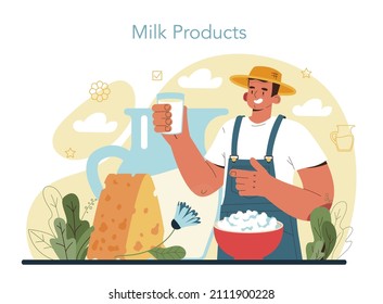 Dairy farm. Milkmaid milking a cow. Milk, cheese, butter making. Dairy natural products for breakfast. Healthy organic food. Flat vector illustration