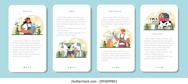 Dairy farm mobile application banner set. Milkmaid milking a cow. Milk, cheese, butter making. Dairy natural products for breakfast. Healthy organic food. Flat vector illustration